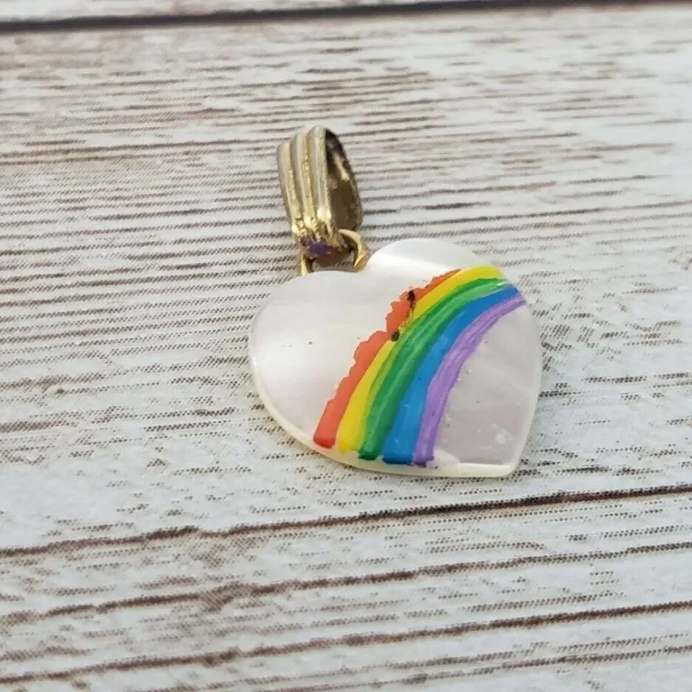 Vintage Pendant Dainty Heart with Rainbow - No Chain Included